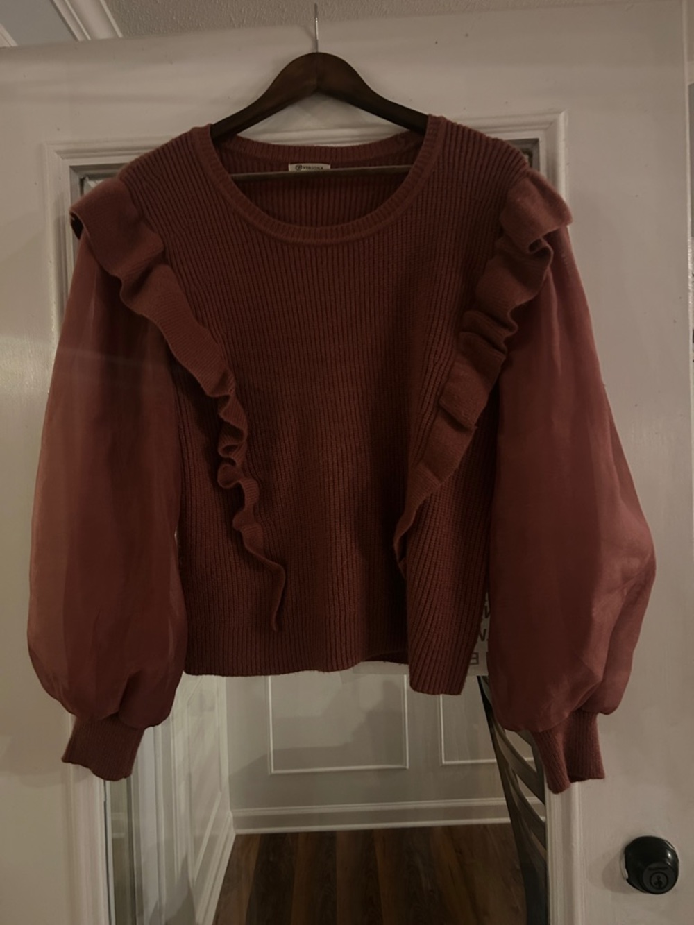 Versona Rose-Mauve Ruffle Sweater with Sheer Balloon Sleeves